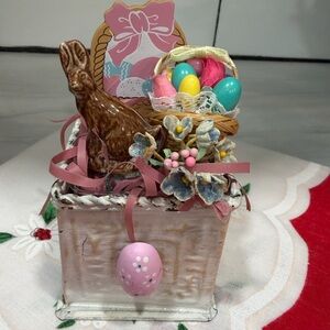 Vintage Easter Assemblage with Red Rose “Chocolate” Bunny and egg basket brooch.